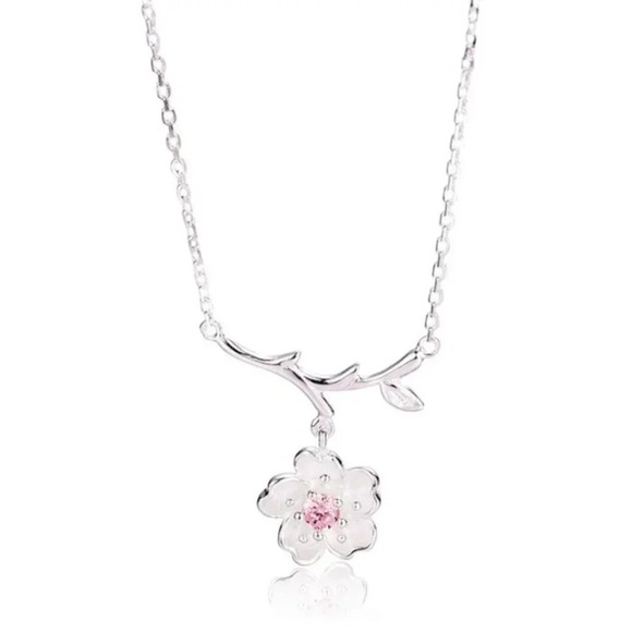 925 Sterling Silver Cherry Blossom Branch Necklace - Picture 1 of 4